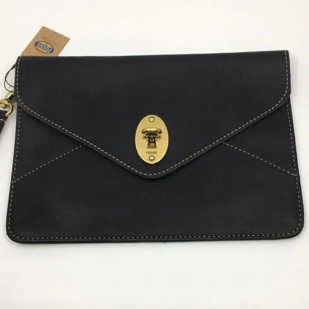 NWT Fossil Austin Clutch Black Leather Brass Hardware Removeavke Wristlet Strap